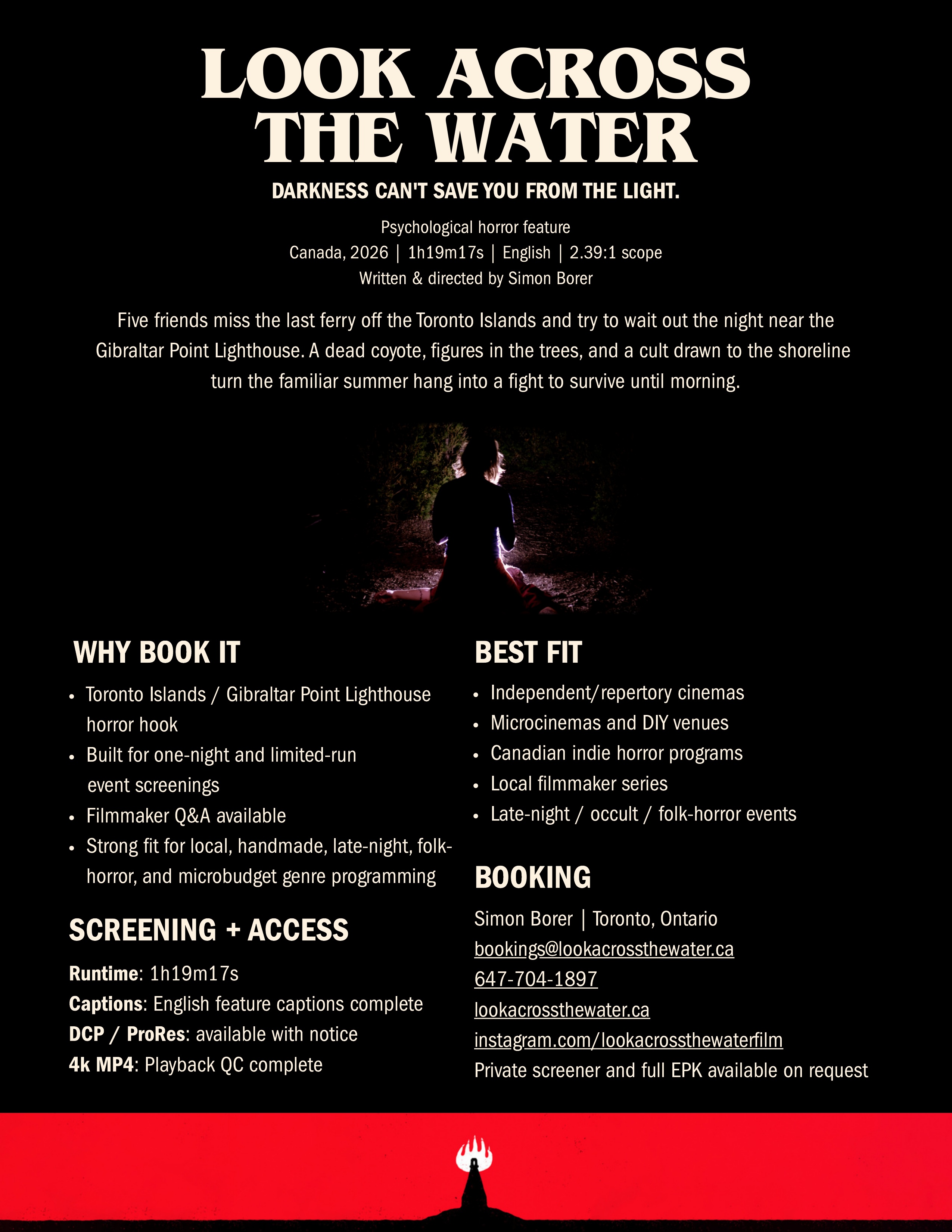 Preview of the Look Across The Water one-sheet with film details, booking fit, and contact information.